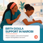 Illustration of a doula supporting a woman in labour in a hospital setting, with the title Birth Doula Support in Nairobi.
