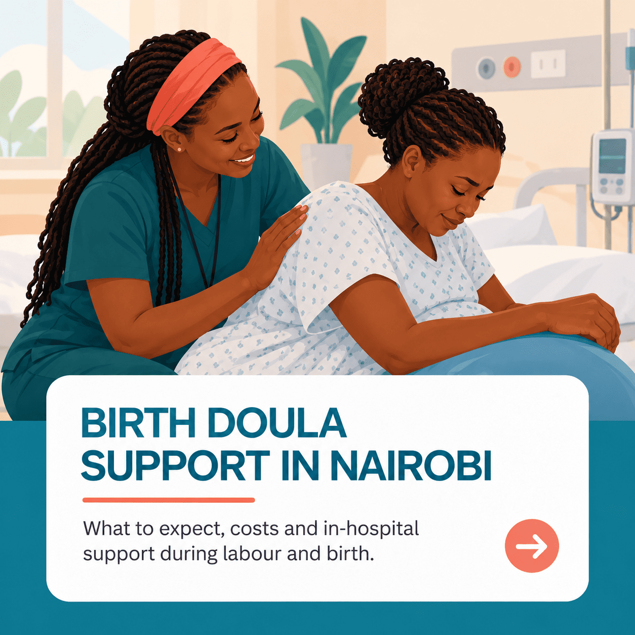 Illustration of a doula supporting a woman in labour in a hospital setting, with the title Birth Doula Support in Nairobi.