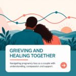 Illustration of a couple leaning on each other, with intertwining teal and coral lines symbolising different experiences of grief after pregnancy loss.