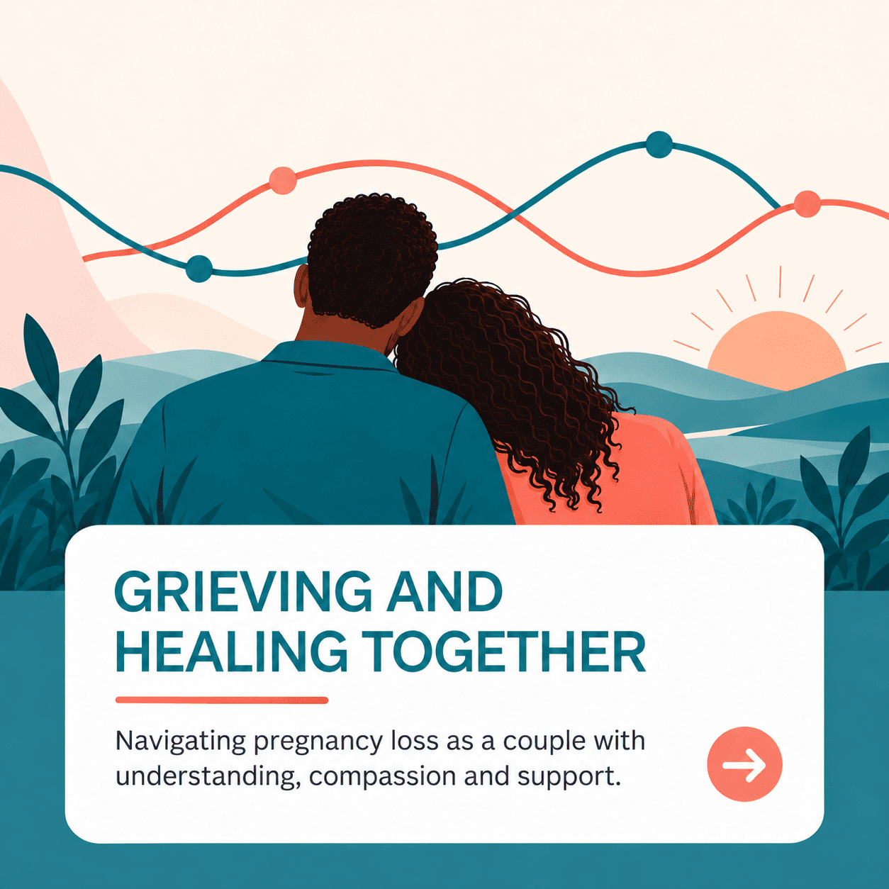 Illustration of a couple leaning on each other, with intertwining teal and coral lines symbolising different experiences of grief after pregnancy loss.